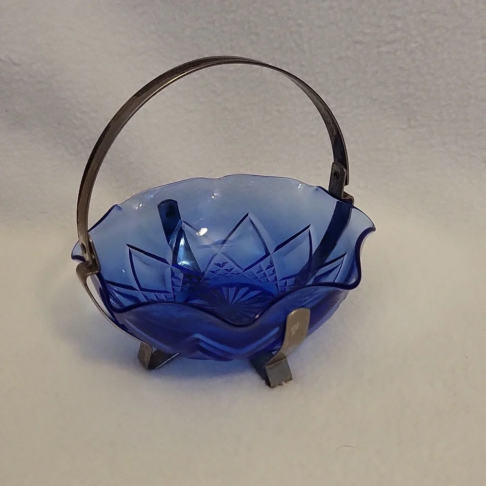 Vintage Cobalt Blue Glass Bowl with Metal Handle